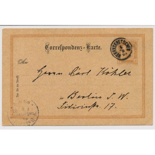 Österreich 1897 2kr Karte aus HERRNSKRETSCHEN (B) Kl:25P! Nach BERLIN.
