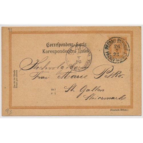 Österreich 1898 2kr Karte von PRERAU BAHNHOF (B) nach ST.GALLEN.