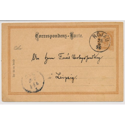 Österreich 1896 2kr Karte, ROJAU (B) Kl:18P! Nach LEIPZIG. Schön!