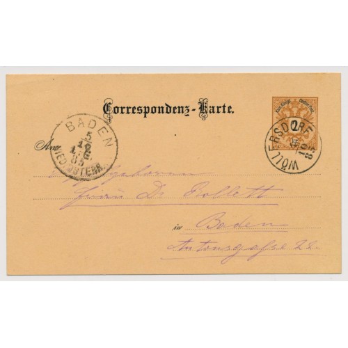 Österreich 1885 2kr Karte, WÖLLERSDORF (Nö) nach BADEN. Schön!