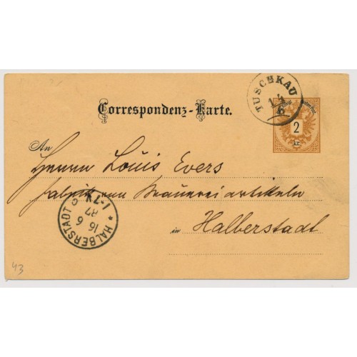 Österreich 1887 2kr Karte, TUSCHLAU (B) Kl:20P! Nach HALBERSTADT. Schön!