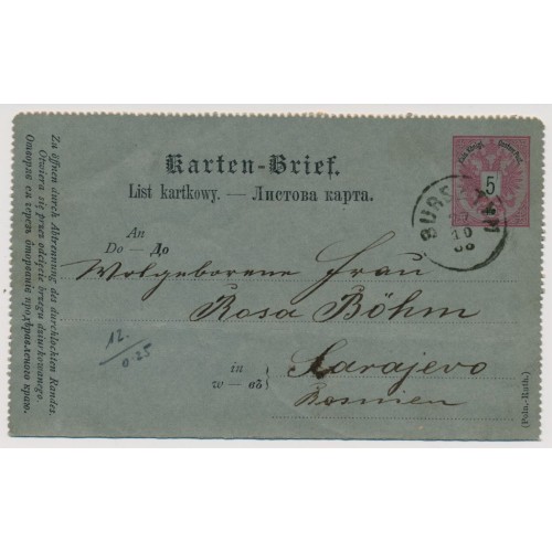 Österreich 1888 5kr Karten-Brief (Inhalt) von GALIZIEN nach BOSNIEN!