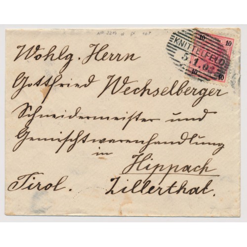 Österreich 1903 10h, Briefkuvert, KNITTENFELD (St) nach HIPPACH.
