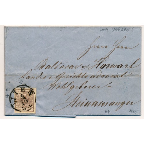 ÖSTERREICH 1855 6kr, PLATTENFEHLER! Brief (Inhalt) WIEN nach UNGARN!