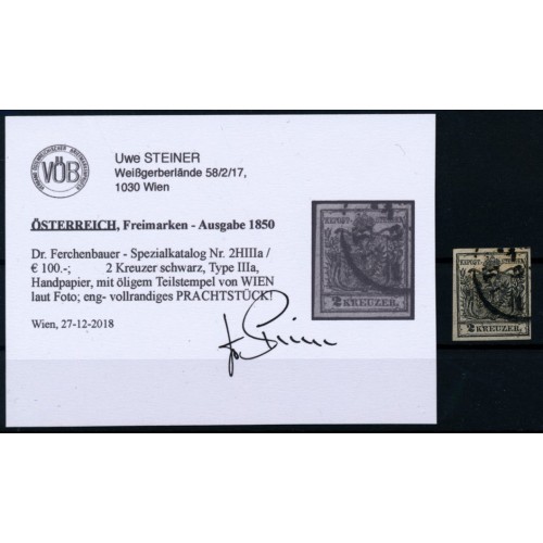 ÖSTERREICH 1850 2kr, HP, Type III.a, Kw:100,-€! WIEN. VÖB! PRACHTSTÜCK!