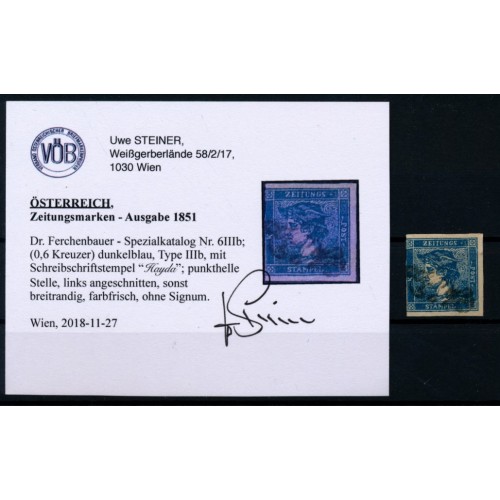 ÖSTERREICH 1850 Zeitungsmarke, DUNKELBLAU! Type III.b, HAYDA. VÖB!