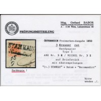 ÖSTERREICH 1850 3kr, V.STANKAU (B)900P!+'Recomandirt' 360P!+Datumstempel