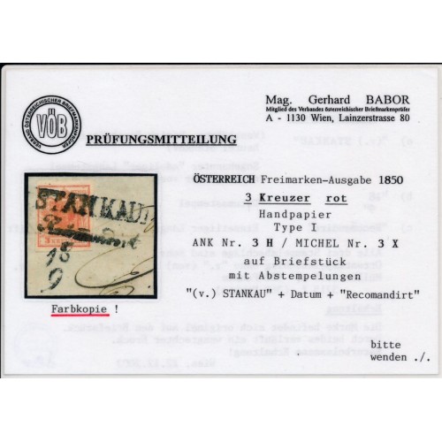 ÖSTERREICH 1850 3kr, V.STANKAU (B)900P!+'Recomandirt' 360P!+Datumstempel