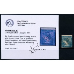 ÖSTERREICH 1851 Zeitungsmarke, GERIPPETS PAPIER! FEDERZUGENTWERTUNG! VÖB ÖSTERREICH 1851 Zeitungsmarke, GERIPPETS PAPIER! FEDERZUGENTWERTUNG! VÖB