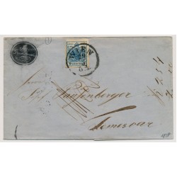 Österreich 1858 9kr, MP, Type III. voll-bis breitrandig. Klein PLATTENFELERN! Brief WIEN -UNGARN! -TEMESVÁR. NEGATIV-FIRMENSTEMPEL vorderseitig. Attraktiv!