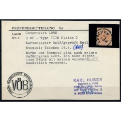 Österreich 1850 3kr, KARTONPAPIER! TESCHEN (Sch) MATL Signum! VÖB! Österreich 1850 3kr, KARTONPAPIER! TESCHEN (Sch) MATL Signum! VÖB!