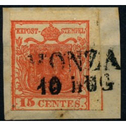 LOMBARDEI-VENETIEN 1850 15C, STARK ÜBERFÄRBTER DRUCK! RANDDRUCK! MONZA