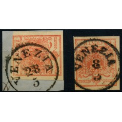 LOMBARDEI-VENETIEN 1850 2Stk.Marke:beide 15C, MP, Type III. VENEZIA