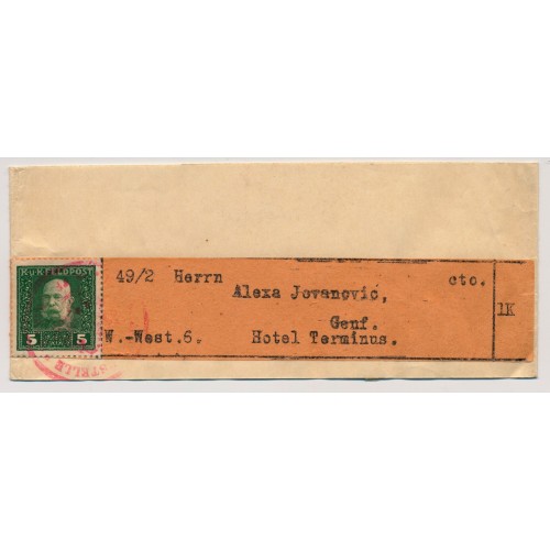 FELDPOST 1915 5h auf Zeitungsschleifen, mit ROTSTEMPEL! Nach GENF (Schweiz)