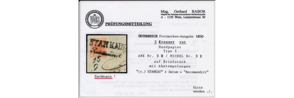 ÖSTERREICH 1850 3kr, V.STANKAU (B)900P!+'Recomandirt' 360P