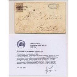 Österreich 1858 6kr, DUNKELBRAUN! HP, Type I.b, gut-breitrandig. Sehr schöne Farbe! ÜBERFÄRBTER DRUCK! FARBFRISCH! Brief (Inhalt) FACTURA! KREIBITZ (B) Mü:12P! -KUPFERBERG. Uwe STEINER Befund! PRACHTSTÜCK!