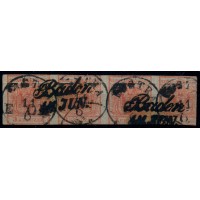ÖSTERREICH 1850 4*3Kr, 4-STREIFEN! HP, Type III. Wz! PAPIERFALTE! BADEN+RECOM.