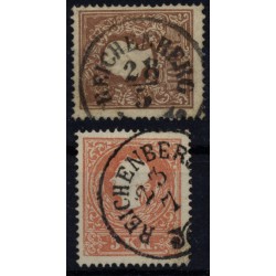 Österreich 1858 2Marke:-15kr, -5kr, Type II. zentriert, Farbflecke! REICHENBERG
