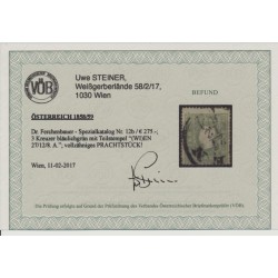 Österreich 1858 3kr, BLÄULICHGRÜN! Dr.Ferch:275,-€! WIEN. VÖB! PRACHTSTÜCK!