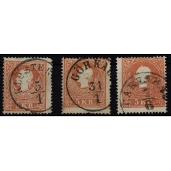 Österreich 1858 3Marke: alle 5kr, Type II. mit FARBFLECKEN und stark verzähnt!