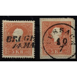 1858 2Marke: beide 5kr, mit FARBFLECKEN! BREGENZ und FUSSACH Stempel. Schön!