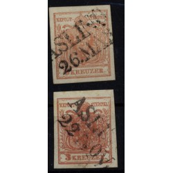 Österreich 1850 2Marke: beide 3kr, MP, Type III. ASLING (Kr)