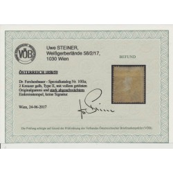 Österreich 1858 2kr, gelb, ORIGINALGUMMI und STARK ABGESCHWÄCHTES Stempel. VÖB
