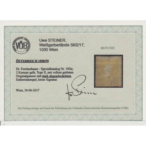 Österreich 1858 2kr, gelb, ORIGINALGUMMI und STARK ABGESCHWÄCHTES Stempel. VÖB