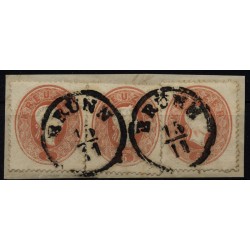 Österreich 1861 3*5kr, Briefstück BRÜNN. Bei der rechten Marke große FARBFLECKE