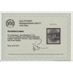 Österreich 1861 15kr, MILCHBLAU! ABKLATSCH! Klein Nadelstich! HAYDA. VÖB!