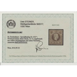 Österreich 1867 50kr, fD, Lz12, ZENTRIERT! UNGEBRAUCHT OG und Falzrest. VÖB! P!