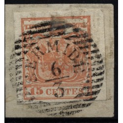 LOMBARDEI-VENETIEN 1850 15C, HP, Type II. RAND:3,5-4mm! ÜBERFÄRBT! SERMIDE