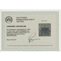 LOMBARDEI-VENETIEN 1850 45C, blau, HP, Type III. BERGAMO. VÖB! PRACHTSTÜCK!