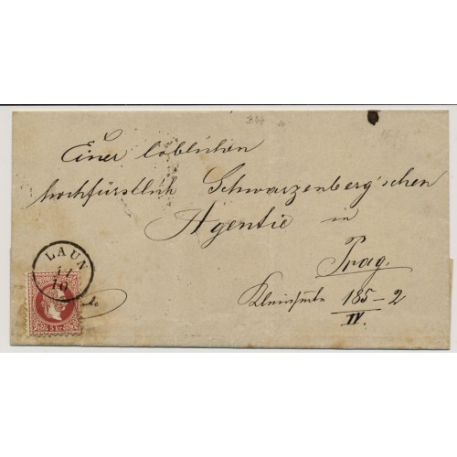 Österreich 187. 5kr, grober Druck, auf Brief LAUN (B) Kl:10P! Nach PRAG.