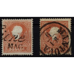 LOMBARDEI-VENETIEN 1858 2Stk. Marke:beide 5sld. Type II. mit FARBFLECKEN! Schön