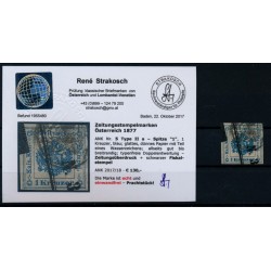 Österreich 1877 Zeitungsstempelmarke, 1kr, Type II.a, SPITZE '1'! Wz! Kw:130,-€