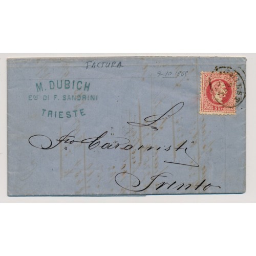 Österreich 1869 5kr, grober Druck, Brief RECHNUNG! TRIEST nach TRENTO.