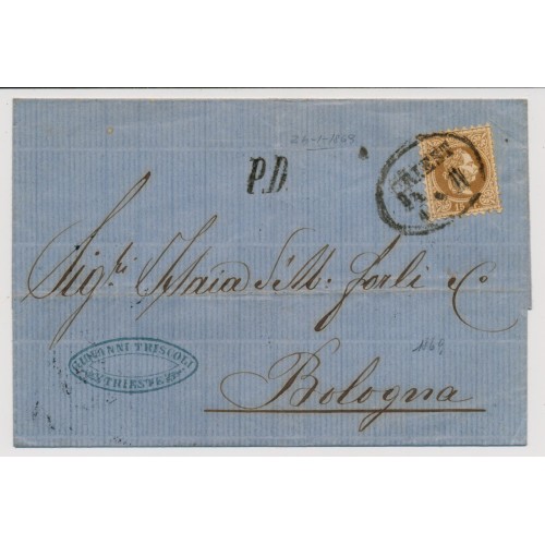 Österreich 1869 15kr, grober Druck, AUSLANDS-Brief TRIEST nach BOLOGNA. P.D.