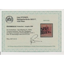 Österreich 1850 3kr, KARMINROT! ÜBERFÄRBTER DRUCK! WOLFSBERG (K) VÖB! PRACHT!