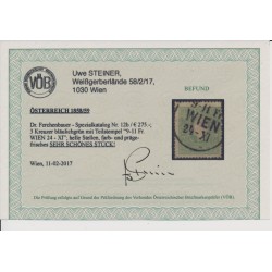 Österreich 1858 3kr, BLÄULICHGRÜN, Kw:275,-€! WIEN. Uwe STEINER Befund!