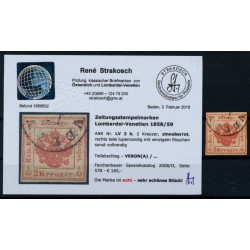 LOMB-VEN 1858/59 2kr, ZINNOBERROT! Zeitungsstempelmarke, VERONA. Befund
