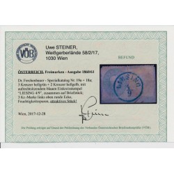 Österreich 1861 3+2kr BLAUSTEMPEL LIESING (Wv)80P! Feutigkeitsspuren VÖB