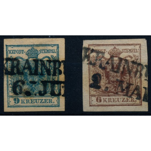 Österreich 1850 2Stk.Marke:-9kr, und -6kr, HP, Type III. KRAINBURG (Kr)