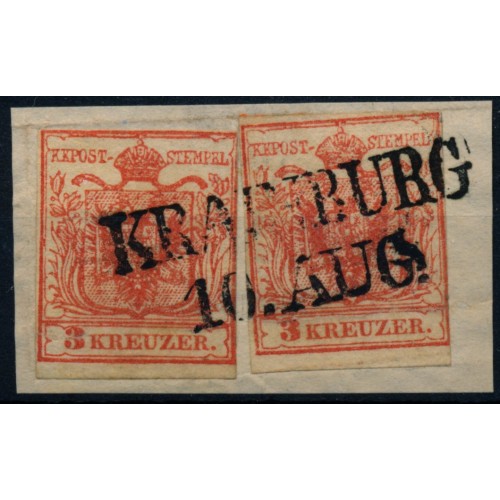 Österreich 1850 2*3kr auf Briefstück, HP, Type III. KRAINBURG (Kr)
