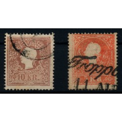 Österreich 1858 2Stk. Marke:10kr und 5kr, Beide Type II. mit FARBFLECKEN