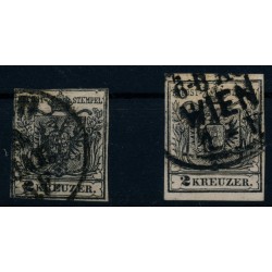 Österreich 1850 2Stk. Marke:-2kr, HP, Type III. -2kr, MP, Type III. WIEN