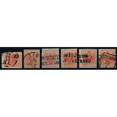 Österreich 1850 6Stk. Marken! 3kr HANDPAPIERE! Schöne FARBVARIANTE!