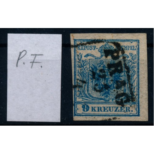 Österreich 1850 9kr, HP, Type III. PLATTENFEHLER bei Wappenspitze! PRAG