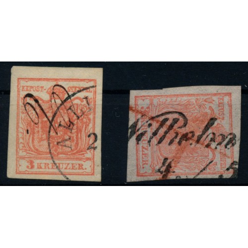 Österreich 1850 2Marke:-3kr, HANDSCHRIFT! -3kr, HP, Type I. RÖTELSTRICHE