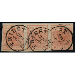 Österreich 1850 3*3kr 3-STREIFEN! MP, Type III. TRIEST/Abends. Schön!
